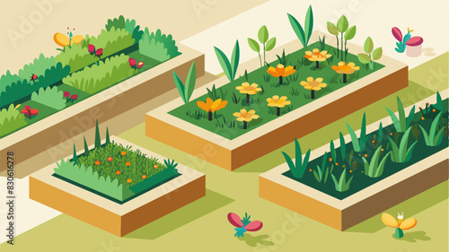 Small garden plots line the edges of the pads featuring native plants that attract pollinators and support local ecosystems.. Vector illustration