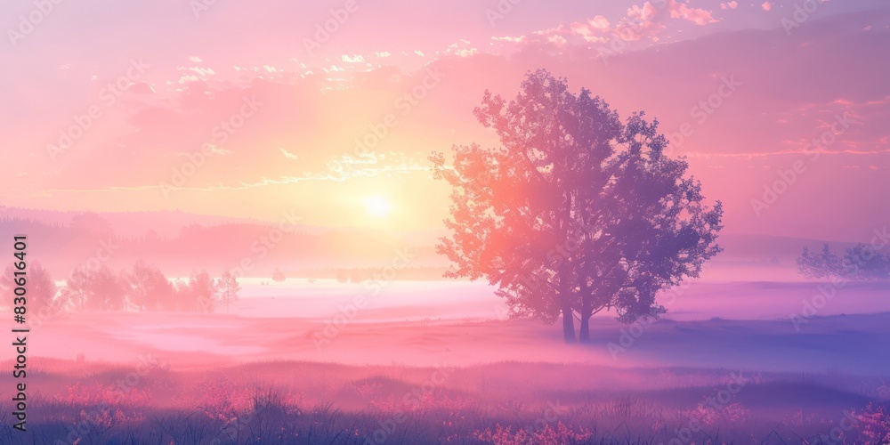 Fototapeta premium Hopeful Sunrise: Paint a landscape illuminated by the soft glow of dawn, with pastel hues, gentle gradients, and a sense of renewal, inspiring feelings of optimism, hope, and new beginnings.