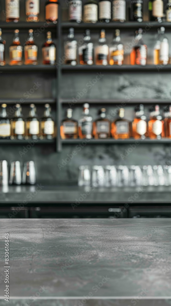 Modern Bar Interior with Blurred Assorted Bottles in Background Modern Bar Interior with Blurred Assorted Bottles in Background