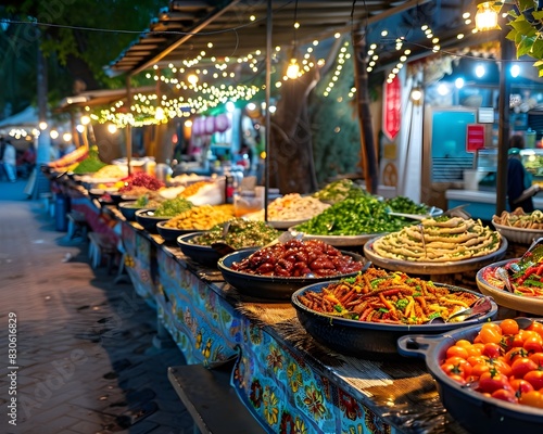 Vibrant Night Street Food Market with Exotic Flavors and Lively Atmosphere Food and Beverage Presentation Concept with Copy Space