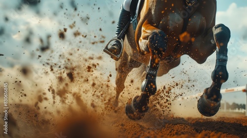An equestrian rider clears a jump, horse and rider moving as one, dirt flying beneath hooves, close up shot, focus on main subject, with HUD hologram, hitech style, with copy space photo
