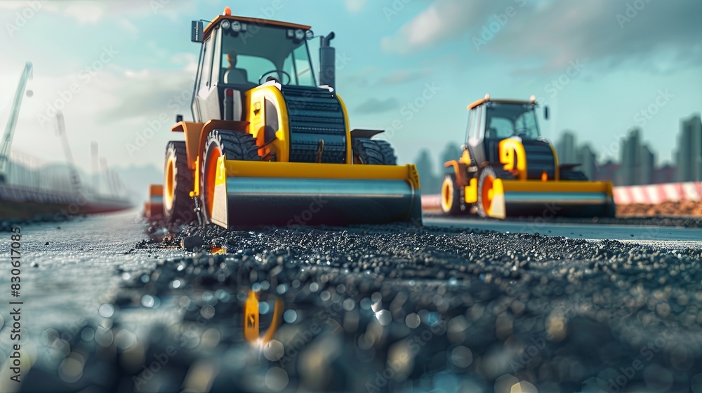 Two yellow bulldozers driving down a road at a construction site, surrounded by other construction machinery like road rollers and asphalt pavers. Generative AI Two yellow bulldozers driving down a road at a construction site, surrounded by other construction machinery like road rollers and asphalt pavers. Generative AI