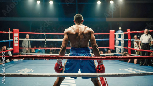 Rear view of african american boxer boxing in ring at night