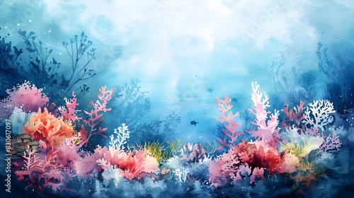 Ethereal Underwater Coral Reef Watercolor Landscape with Vibrant Color Gradients and Textured Brushstrokes