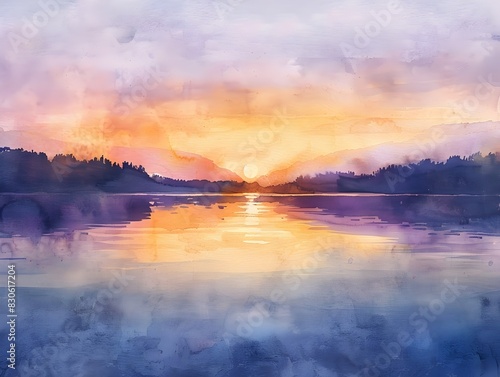 Ethereal Watercolor Landscape of Tranquil Lake Sunrise Reflected in Serene Waters