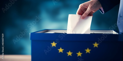 Hand putting ballot in EU flag background symbolizing democratic voting in elections. Concept Elections, Democracy, Voting, EU, Symbolism photo