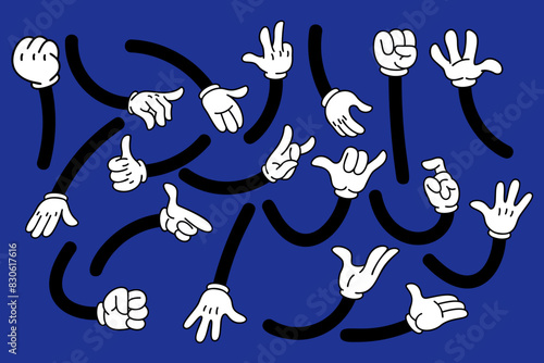Set of cartoon hands in gloves. Retro style mascot hands. Rubber hose style hands. Vector illustration