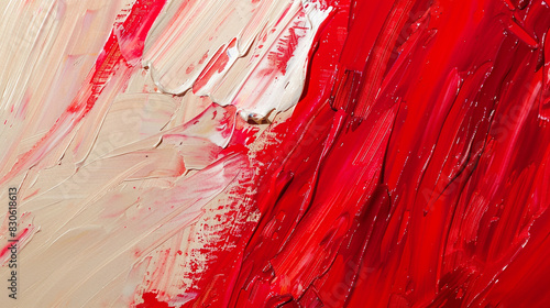 Rich textured oil painting in red and taupe, highlighting dynamic strokes in a widescreen closeup, photo