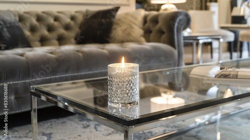 Elegant glass candle with silver details on a glass bench  featuring a luxurious velvet chesterfield sofa in a refined living room