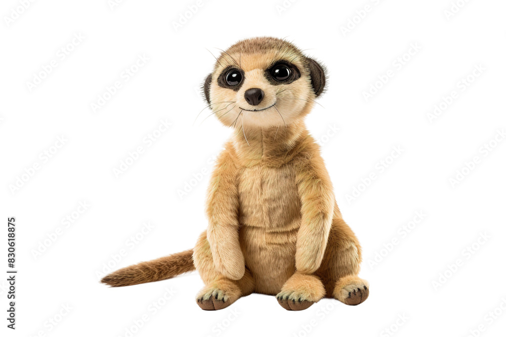 Fototapeta premium Cute meerkat plush toy, soft stuffed animal with big eyes, tan brown fabric doll for kids nursery decor and gifts isolated on Transparent Background