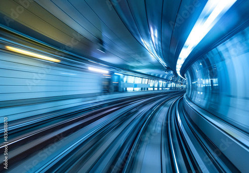 Blurred motion of train moving fast in futuristic Tokyo underground tunnel, blue and white theme, long exposure photography, wide angle 