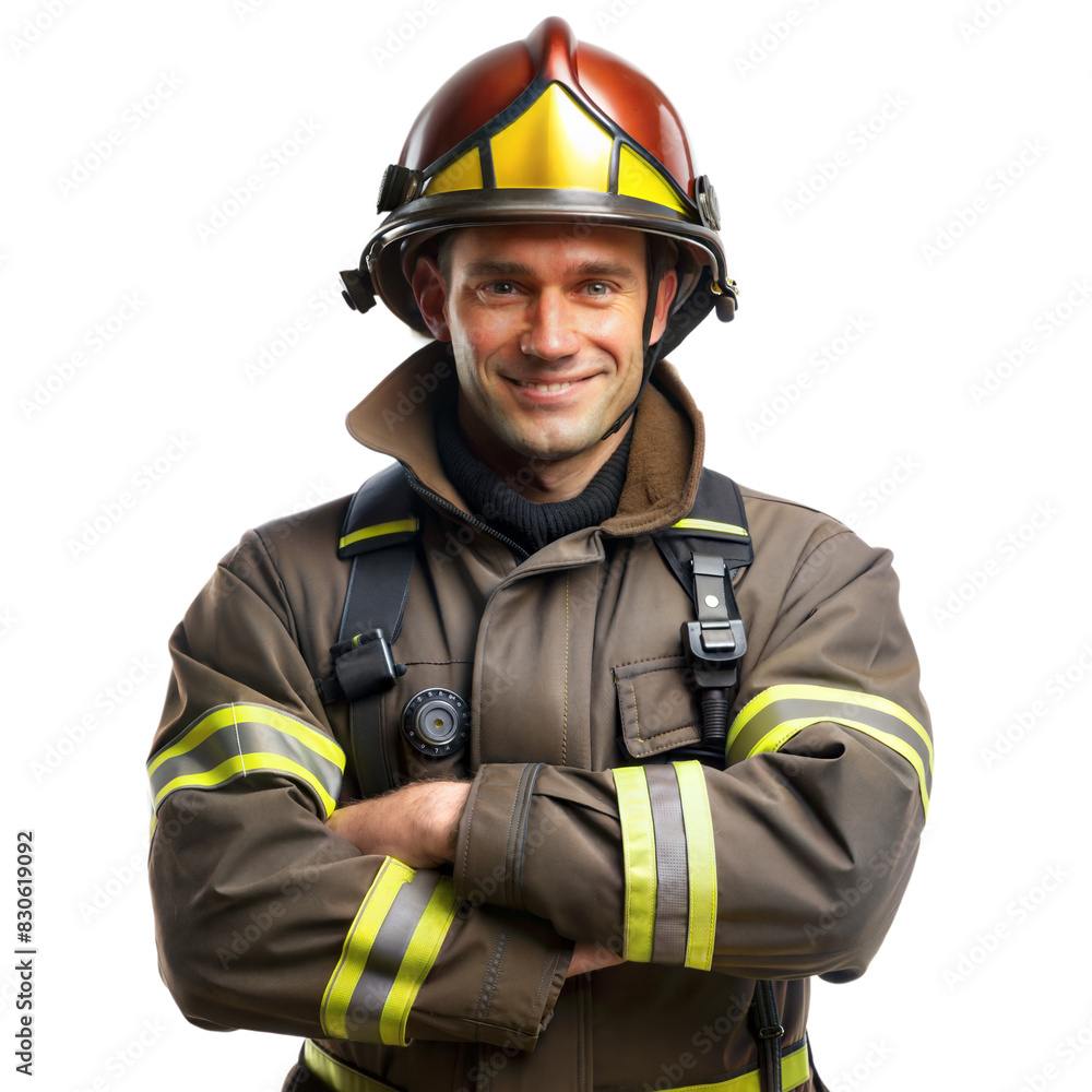 portrait of a firefighter standing and folded hands isolated on white background portrait of a firefighter standing and folded hands isolated on white background