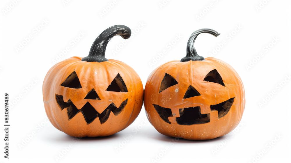 Cheerful Carved Halloween Pumpkins Isolated on White Background Cheerful Carved Halloween Pumpkins Isolated on White Background