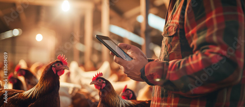 farmer using tablet in the modern indoor chickens farm