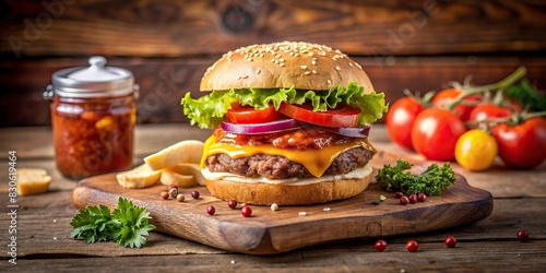 Burger on a wooden table with toppings and condiments photo