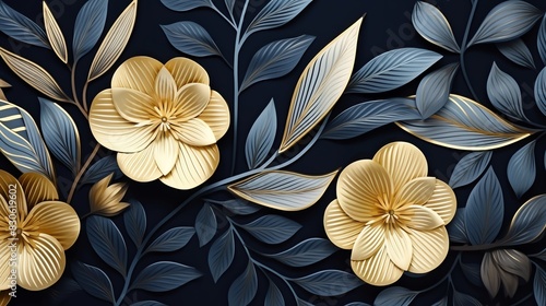 Gold flowers with intricate details on a dark background  complemented by dark leaves  creating a luxurious and sophisticated design.