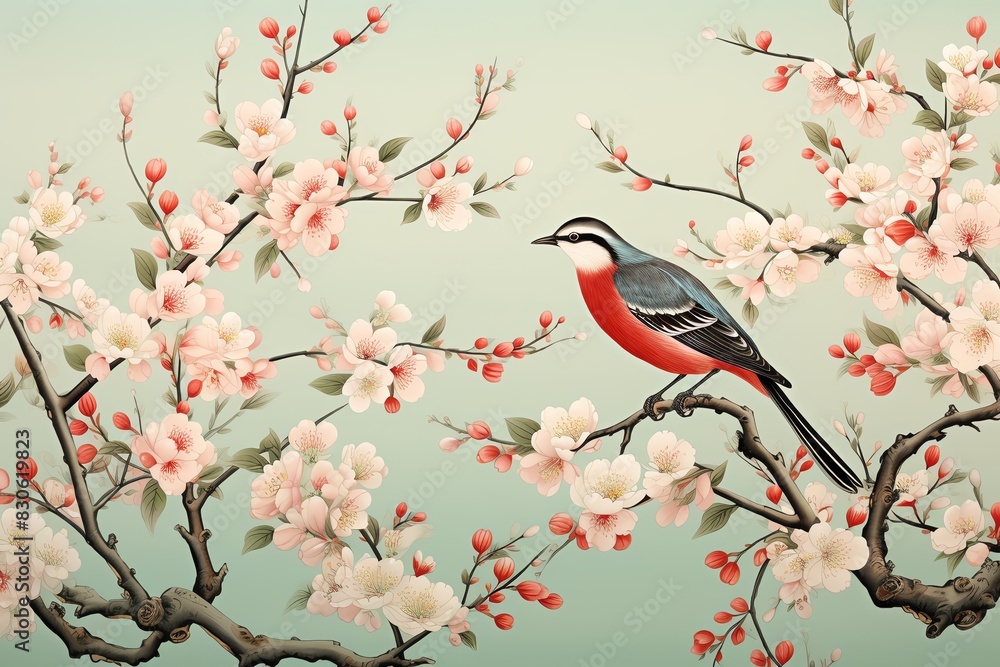 Beautiful bird perched on a branch with pink and white cherry blossoms, capturing the essence of spring in a tranquil setting. Beautiful bird perched on a branch with pink and white cherry blossoms, capturing the essence of spring in a tranquil setting.