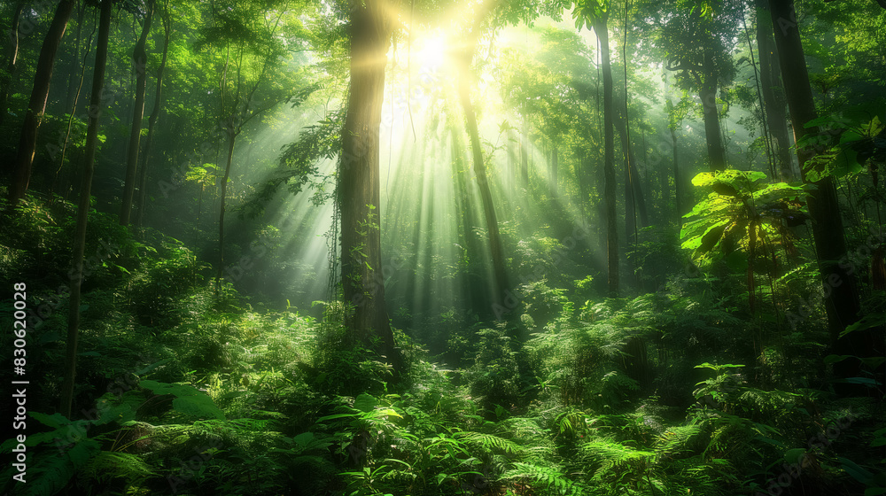 Lush, green forest with sunlight streaming through the trees, creating a peaceful and enchanting natural scene filled with verdant foliage.