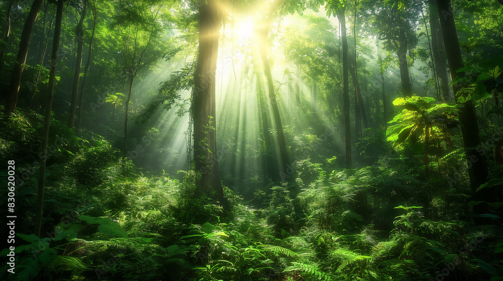 Fototapeta premium Lush, green forest with sunlight streaming through the trees, creating a peaceful and enchanting natural scene filled with verdant foliage.