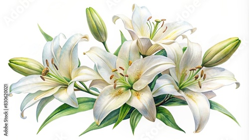 Watercolor painting of white lilies on a white background