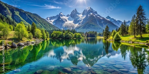 Scenic view of a peaceful mountain lake surrounded by lush greenery and snow-capped peaks under a clear sky, ideal for a serene summer holiday setting photo