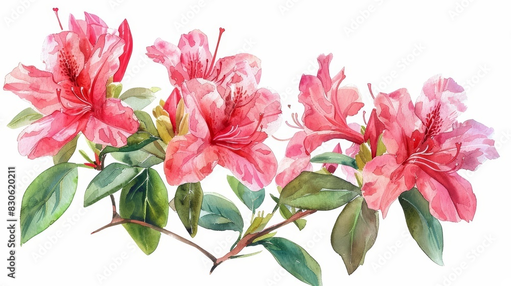 Obraz premium Set of water color of an azalea, with bright pink flowers, blooming in a tranquil zen garden, Clipart isolated on white