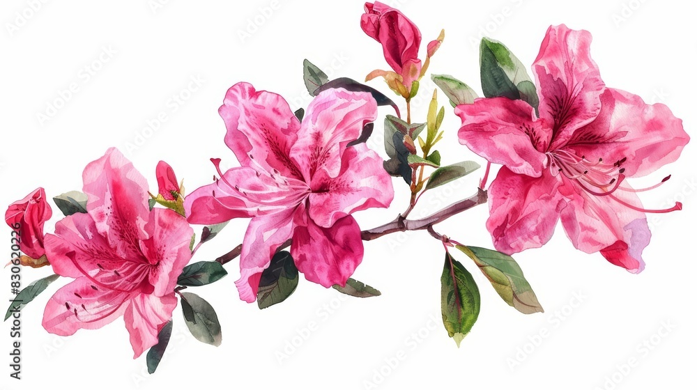 Set of water color of an azalea, with bright pink flowers, blooming in a tranquil zen garden, Clipart isolated on white Set of water color of an azalea, with bright pink flowers, blooming in a tranquil zen garden, Clipart isolated on white