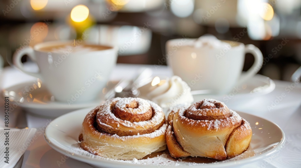 Cinnamon rolls paired with a latte during afternoon tea Cinnamon rolls paired with a latte during afternoon tea