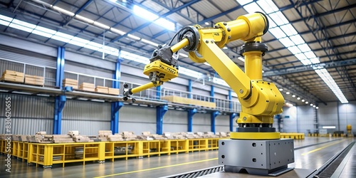 Robotic arm in yellow above industrial workstation in warehouse setting photo
