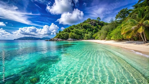 Immaculate beach with crystal clear waters and clean sand, representing the importance of protecting marine habitats photo