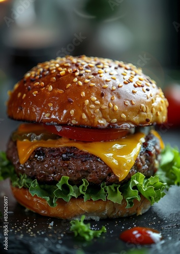 Cheeseburger - Juicy burger with melted cheese, lettuce, tomato, and a sesame seed bun
