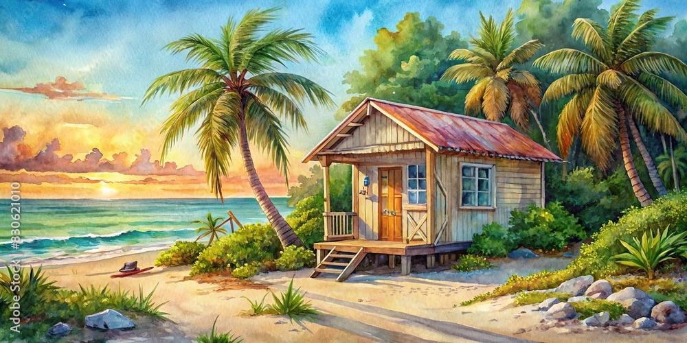 Watercolor painting of a cozy beach shack by the shore