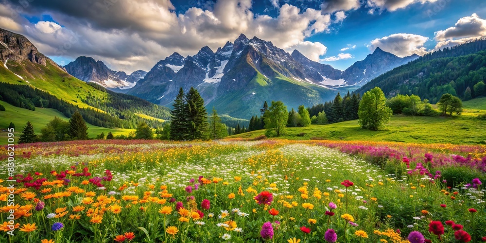 Lush green meadow with colorful flowers and majestic mountains in the background