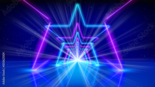 Flight movement through arcade. Glowing neon tunnel, corridor, star. Abstract geometric background, flying in cyberspace. Pink blue purple neon arch, perspective. Ultraviolet glow. Design element