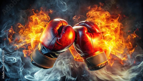 Closeup of boxing gloves engulfed in flames and smoke, representing intensity and power in a sport tournament setting photo
