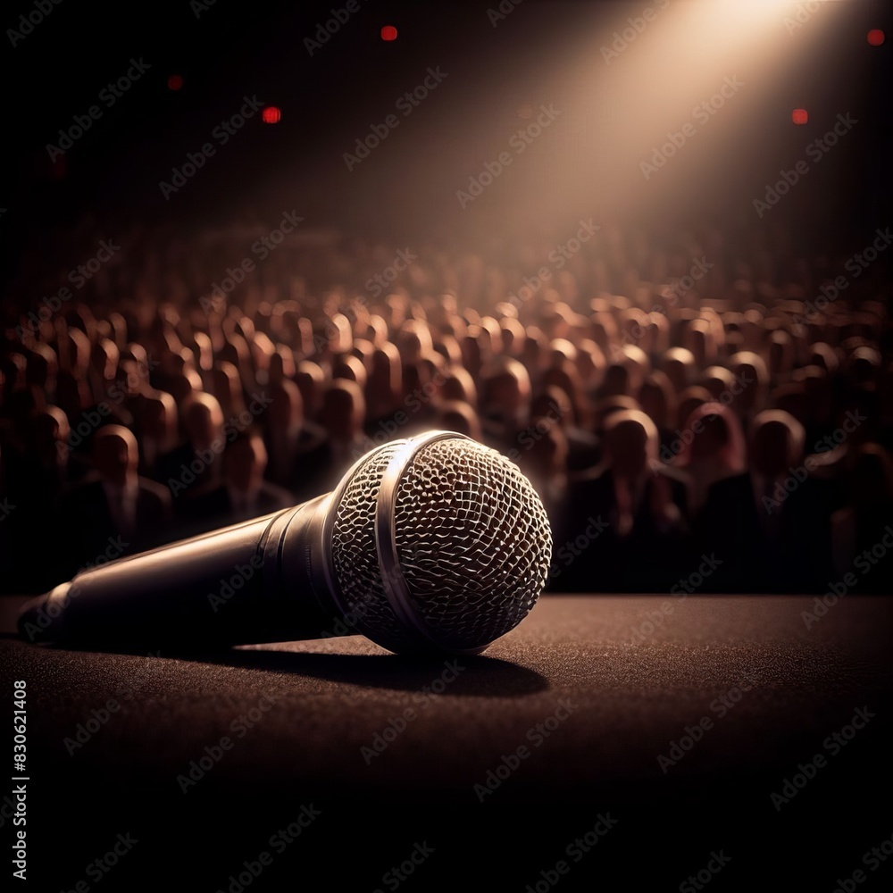 Obraz premium A spotlight illuminates a microphone on stage, ready for a singer or speaker to take center stage