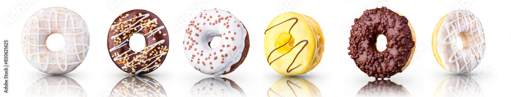 Set of chocolate glazed donut with sprinkles on a white background rotated Set of chocolate glazed donut with sprinkles on a white background rotated