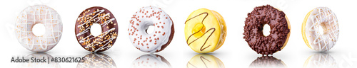 Set of chocolate glazed donut with sprinkles on a white background rotated