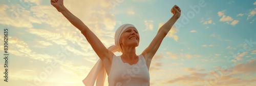 The image depicts a woman, likely a cancer survivor celebrating her remission. The woman, with her arms raised and a broad smile on her face, symbolizes victory and gratitude.