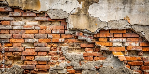 A decaying and collapsed concrete brick wall with visible cracks and texture  on a background