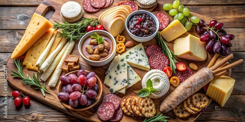 Assorted cheeses, charcuterie, crackers, fruits, and condiments on a rustic wooden board photo