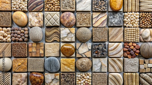 Various decorative stones arranged in a grid for wall accents and interior designs photo