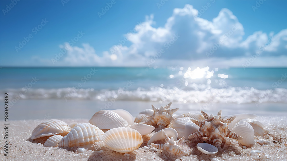 seashells on the beach, with a clear blue sky seashells on the beach, with a clear blue sky