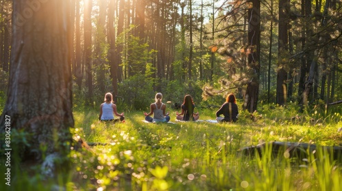 Fototapeta Naklejka Na Ścianę i Meble -  Trail Yoga Retreat: Photograph a group of yogis practicing yoga poses and meditation in a serene forest clearing, promoting the integration of mindfulness and movement in nature.