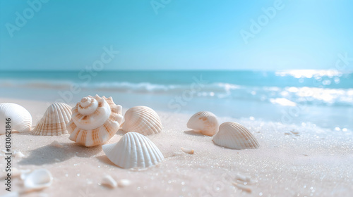 Fototapeta Naklejka Na Ścianę i Meble -  seashells on the beach, with a clear blue sky