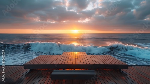 A wooden table and bench sit on a deck overlooking the ocean at sunset.