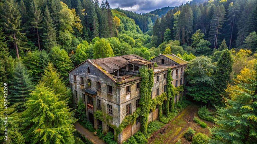 Abandoned building surrounded by dense forest