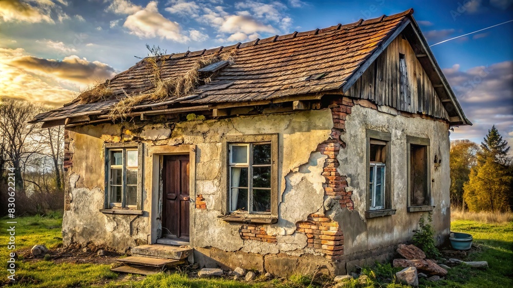 Small, old house with cracked walls and broken windows