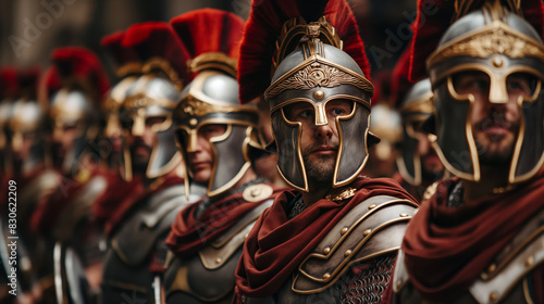 Group of Roman soldiers stands in formation, clad in detailed armor with red plumes on their helmets, exuding strength and unity in a historical setting. photo