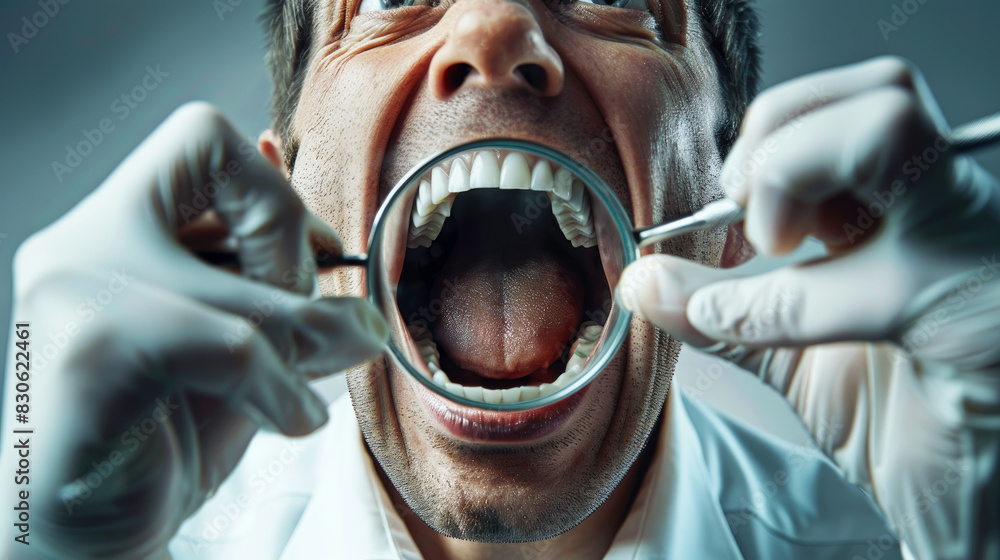 dentist holding an open mouth with dental tools and magnifying glass ...